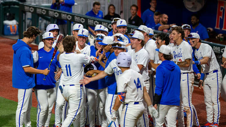 Florida infielder Brendan Lawson (11) hits his ninth homer of the season in the bottom of the sixth against FSU, March 10, 2026, at Condron Family Ballpark in Gainesville, Florida.The Gators beat the Seminoles 6-3. [Cyndi Chambers/ Gainesville Sun] 2026