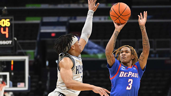 Feb 24, 2022; Washington, District of Columbia, USA; DePaul Blue Demons guard Jalen Terry (3) shoots