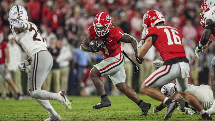 Oct 12, 2024; Athens, Georgia, USA; Georgia Bulldogs running back Trevor Etienne (1) runs against the Mississippi State Bulldogs during the second half at Sanford Stadium. Mandatory Credit: Dale Zanine-Imagn Images