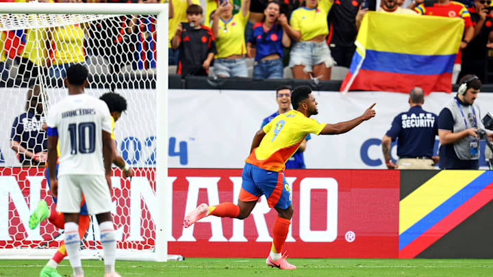 Colombia forward Miguel Borja (9) celebrates after scoring on a penalty kick.