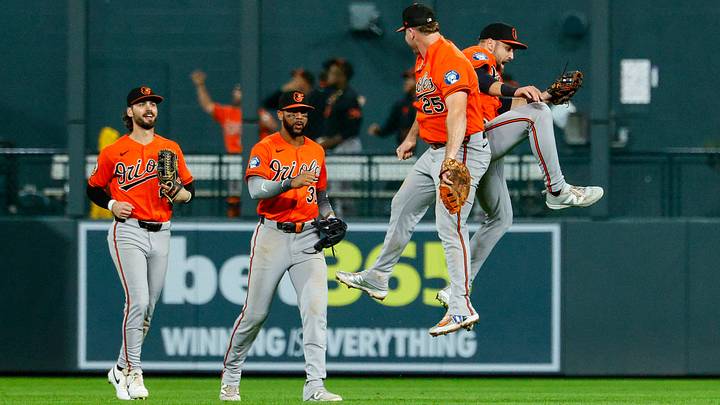 Aug 31, 2026; Denver, Colorado, USA; Baltimore Orioles center fielder Colton Cowser (17) celebrates with first baseman Pete Alonso (25) ahead of left fielder Blaze Alexander (23) and right fielder Leody Taveras (30) after the game against the Colorado Rockies at Coors Field. Mandatory Credit: Isaiah J. Downing-Imagn Images Aug 31, 2026; Denver, Colorado, USA; Baltimore Orioles center fielder Colton Cowser (17) celebrates with first baseman Pete Alonso (25) ahead of left fielder Blaze Alexander (23) and right fielder Leody Taveras (30) after the game against the Colorado Rockies at Coors Field. Mandatory Credit: Isaiah J. Downing-Imagn Images
