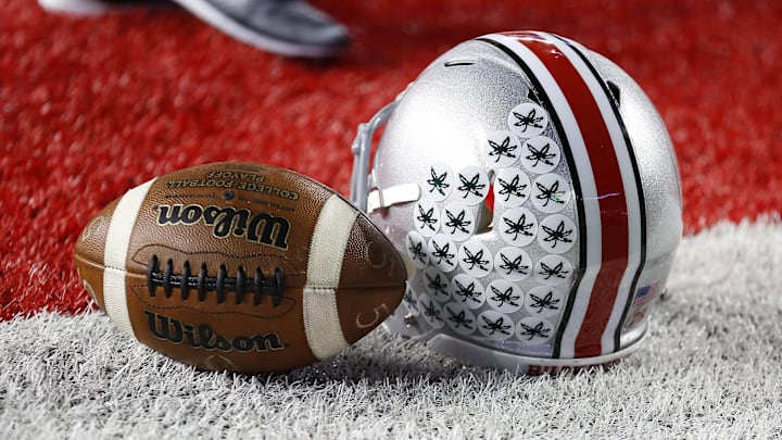 Nov 7, 2015; Columbus, OH, USA; Ohio State Buckeyes helmet prior to the game versus the Minnesota Golden Gophers at Ohio Stadium. Mandatory Credit: Joe Maiorana-Imagn Images