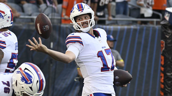 Buffalo Bills quarterback Josh Allen (17) during warmups before a preseason game against the Chicago Bears at Soldier Field.