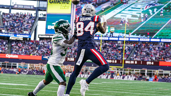 Oct 27, 2024; Foxborough, Massachusetts, USA; New York Jets safety Jalen Mills (35) defends against New England Patriots wide receiver Kendrick Bourne (84) in the second half at Gillette Stadium.