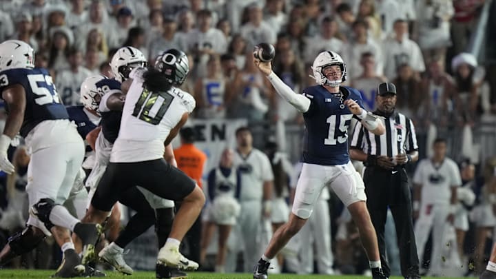 Penn State Nittany Lions quarterback Drew Allar (15) throws during the second quarter against the Oregon Ducks at Beaver Stadium. 