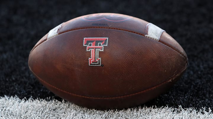 A general view of a game ball on the goal line before the game between the Texas Tech Red Raiders and the UCF Knights at Jones AT&T Stadium.