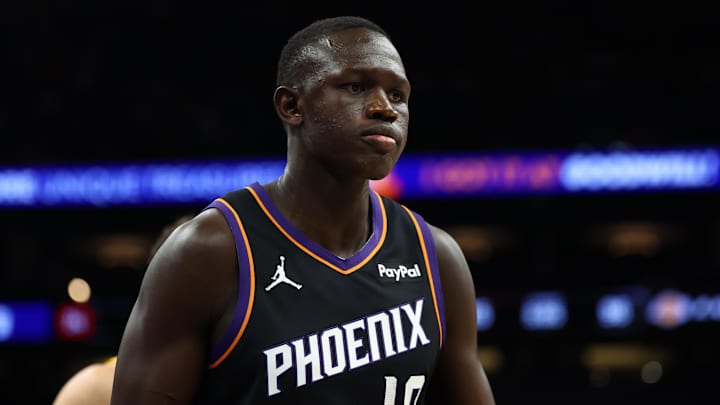 Dec 23, 2025; Phoenix, Arizona, USA; Phoenix Suns center Khaman Maluach (10) against the Los Angeles Lakers at Mortgage Matchup Center. Mandatory Credit: Mark J. Rebilas-Imagn Images