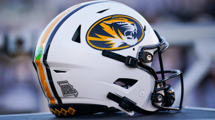Sep 7, 2024; Columbia, Missouri, USA; A general view of a Missouri Tigers helmet against the Buffalo Bulls during the first half at Faurot Field at Memorial Stadium. Mandatory Credit: Denny Medley-Imagn Images