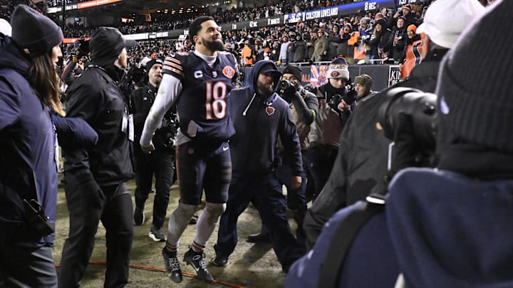 Jan 10, 2026; Chicago, IL, USA;  Chicago Bears quarterback Caleb Williams (18) leaves the field following a game against the Green Bay Packers in an NFC Wild Card Round game at Soldier Field. Mandatory Credit: Matt Marton-Imagn Images