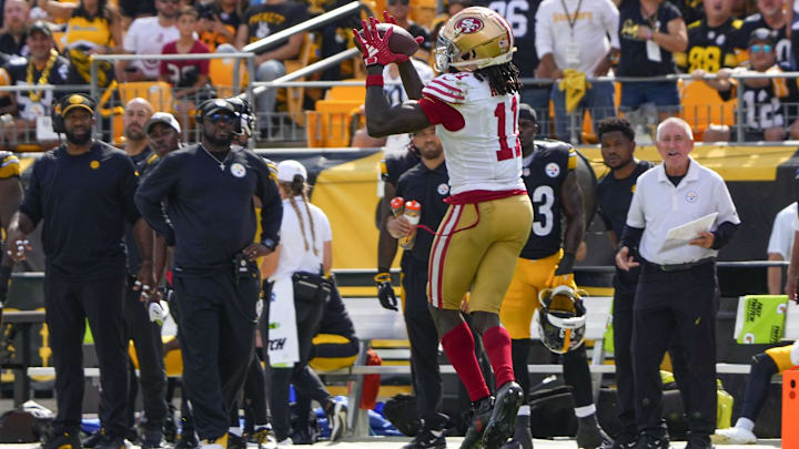 Sep 10, 2023; Pittsburgh, Pennsylvania, USA; San Francisco 49ers wide receiver Brandon Aiyuk (11) makes a catch against the Pittsburgh Steelers during the second half at Acrisure Stadium. Mandatory Credit: Gregory Fisher-USA TODAY Sports