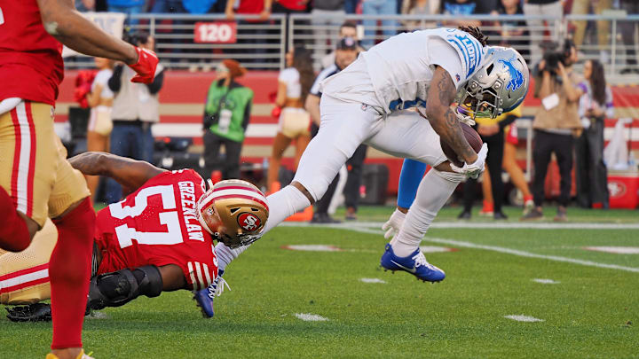 Jan 28, 2024; Santa Clara, California, USA; Detroit Lions wide receiver Jameson Williams (9) runs