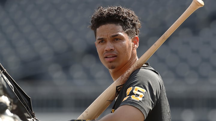 Aug 9, 2023; Pittsburgh, Pennsylvania, USA;  Pittsburgh Pirates catcher Endy Rodriguez (25) looks on
