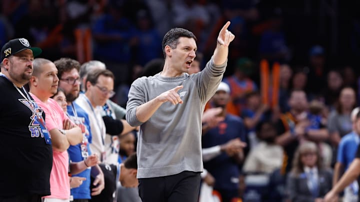 Apr 14, 2024; Oklahoma City, Oklahoma, USA; Oklahoma City Thunder head coach Mark Daigneault Apr 14, 2024; Oklahoma City, Oklahoma, USA; Oklahoma City Thunder head coach Mark Daigneault