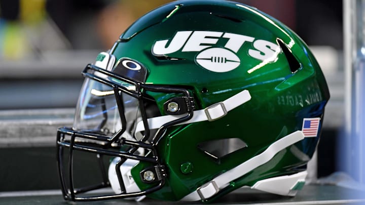 Aug 12, 2022; Philadelphia, Pennsylvania, USA; New York Jets helmet on the sidelines against the Philadelphia Eagles at Lincoln Financial Field. Mandatory Credit: Eric Hartline-Imagn Images