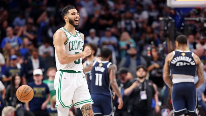 Jun 12, 2024; Dallas, Texas, USA; Boston Celtics forward Jayson Tatum (0) celebrates Jun 12, 2024; Dallas, Texas, USA; Boston Celtics forward Jayson Tatum (0) celebrates
