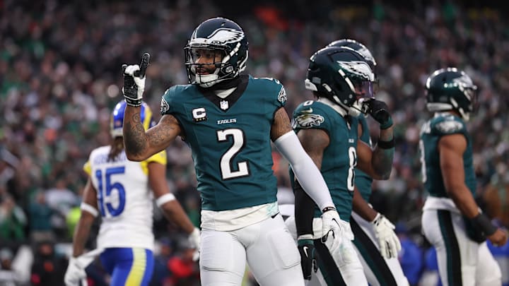 Jan 19, 2025; Philadelphia, Pennsylvania, USA; Philadelphia Eagles cornerback Darius Slay Jr. (2) reacts after breaking up a touchdown pass in the first quarter against the Los Angeles Rams in a 2025 NFC divisional round game at Lincoln Financial Field. Mandatory Credit: Bill Streicher-Imagn Images