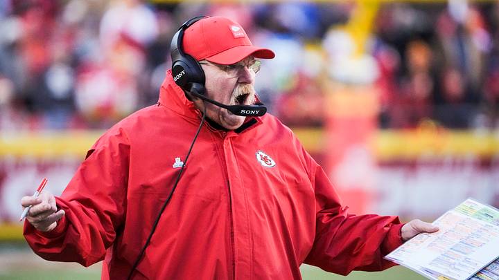Dec 14, 2025; Kansas City, Missouri, USA; Kansas City Chiefs head coach Andy Reid reacts to a play against the Los Angeles Chargers during the third quarter at GEHA Field at Arrowhead Stadium. Mandatory Credit: Denny Medley-Imagn Images