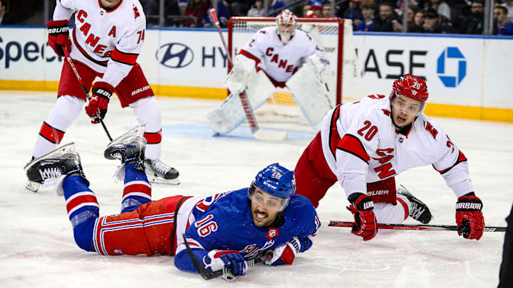 Jan 2, 2024; New York, New York, USA; New York Rangers center Vincent Trocheck (16) and Carolina