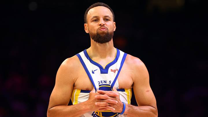 Apr 17, 2026; Phoenix, Arizona, USA; Golden State Warriors guard Stephen Curry (30) reacts against the Phoenix Suns during the second half in the play-in rounds of the 2026 NBA Playoffs at Mortgage Matchup Center. Mandatory Credit: Mark J. Rebilas-Imagn Images