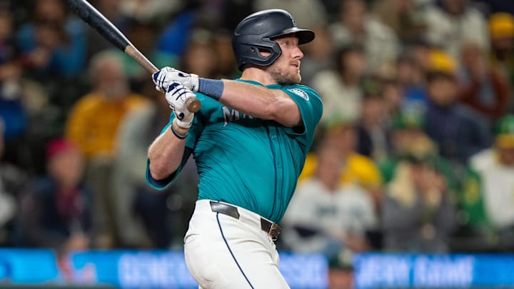 Seattle Mariners first baseman Luke Raley hits a two-run homer against the Oakland Athletics on Sept. 28 at T-Mobile Park.