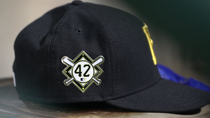 Apr 15, 2022; Pittsburgh, Pennsylvania, USA;  A Pittsburgh Pirates hat with the \"Jackie Robinson