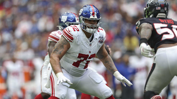 Aug 17, 2024; Houston, Texas, USA; New York Giants guard Jermaine Eluemunor (72) in action during the game against the Houston Texans at NRG Stadium. Aug 17, 2024; Houston, Texas, USA; New York Giants guard Jermaine Eluemunor (72) in action during the game against the Houston Texans at NRG Stadium.
