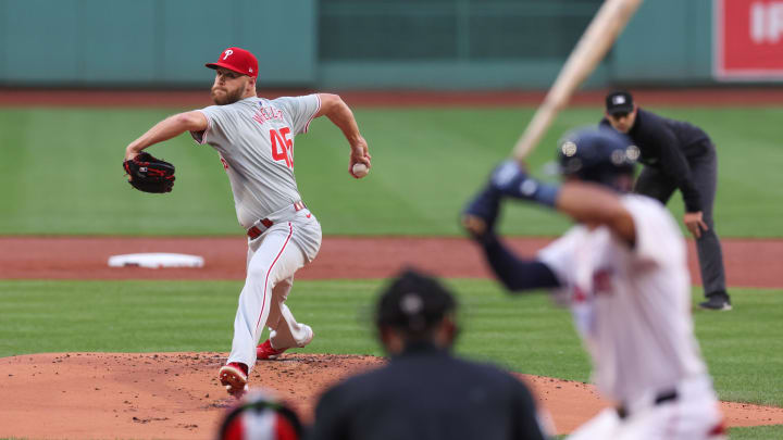Jun 11, 2024; Boston, Massachusetts, USA; Philadelphia Phillies starting pitcher Zack Wheeler (45) throws a pitch during the first inning against the Boston Red Sox at Fenway Park.