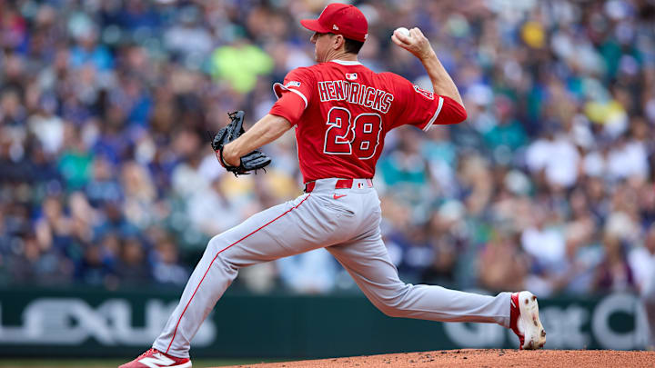 Sep 14, 2025; Seattle, Washington, USA; Los Angeles Angels starting pitcher Kyle Hendricks (28) throws against the Seattle Mariners during the first inning at T-Mobile Park. Mandatory Credit: John Froschauer-Imagn Images