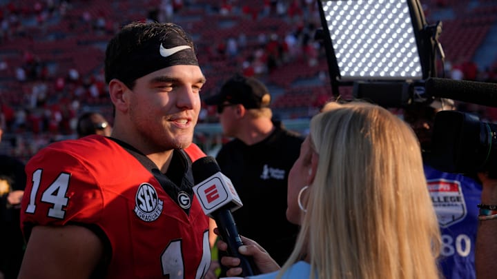 Georgia quarterback Gunner Stockton (14) speaks with the media after a NCAA college football game against Marshall in Athens, Ga., on Saturday, August. 30, 2025. Georgia won 45-7.