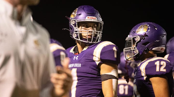 Bulldogs quarterback Tait Reynolds (1) at Queen Creek High School football field on Oct. 26, 2023. Bulldogs quarterback Tait Reynolds (1) at Queen Creek High School football field on Oct. 26, 2023.