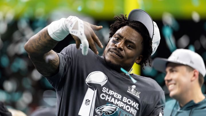 Former Philadelphia Eagles safety C.J. Gardner-Johnson celebrates after defeating the Kansas City Chiefs in Super Bowl 