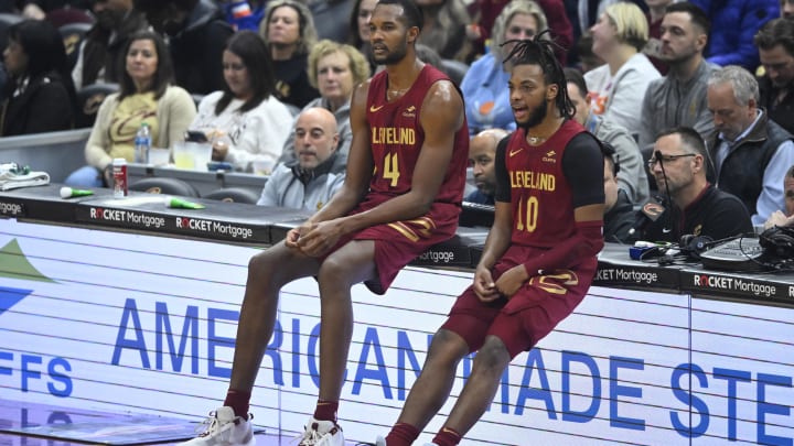 Nov 30, 2023; Cleveland, Ohio, USA; Cleveland Cavaliers forward Evan Mobley (4) and guard Darius Garland (10) wait to enter the game in the first quarter against the Portland Trail Blazers at Rocket Mortgage FieldHouse. Mandatory Credit: David Richard-USA TODAY Sports Nov 30, 2023; Cleveland, Ohio, USA; Cleveland Cavaliers forward Evan Mobley (4) and guard Darius Garland (10) wait to enter the game in the first quarter against the Portland Trail Blazers at Rocket Mortgage FieldHouse. Mandatory Credit: David Richard-USA TODAY Sports