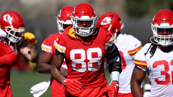 Jody Fortson at practice before Super Bowl LVII. He missed all of 2023 with a shoulder injury and did not play in Super Bowl LVIII. 