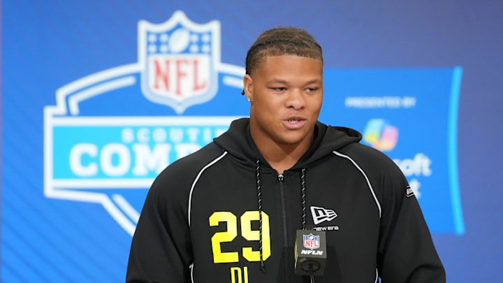 Feb 25, 2026; Indianapolis, IN, USA; Clemson defensive lineman Peter Woods (DL29) speaks during the NFL Scouting Combine at the Indiana Convention Center. Mandatory Credit: Kirby Lee-Imagn Images