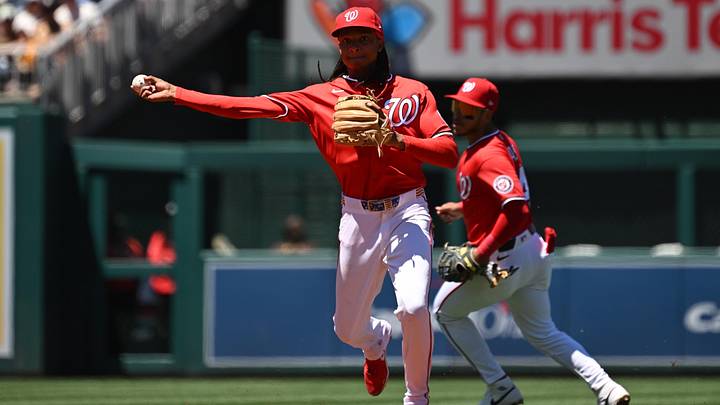 May 31, 2026; Washington, District of Columbia, USA; Washington Nationals shortstop CJ Abrams (5) attempts a throw to first base against the San Diego Padres during the third inning at Nationals Park. Mandatory Credit: Rafael Suanes-Imagn Images May 31, 2026; Washington, District of Columbia, USA; Washington Nationals shortstop CJ Abrams (5) attempts a throw to first base against the San Diego Padres during the third inning at Nationals Park. Mandatory Credit: Rafael Suanes-Imagn Images