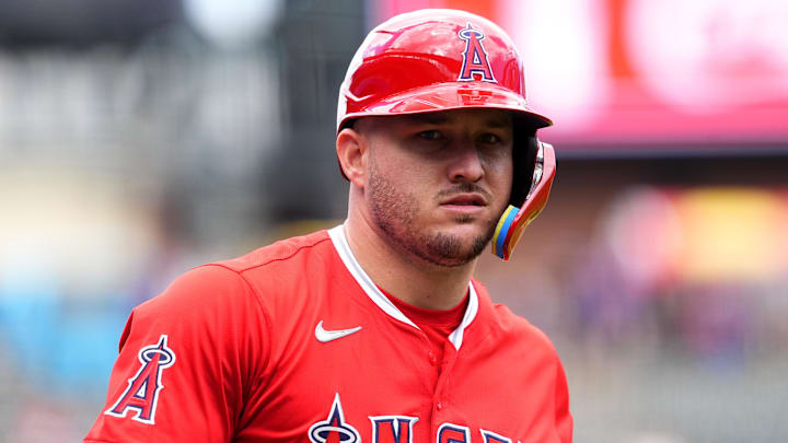 Sep 21, 2025; Denver, Colorado, USA; Los Angeles Angels designated hitter Mike Trout (27) before the game against the Colorado Rockies at Coors Field. Mandatory Credit: Ron Chenoy-Imagn Images