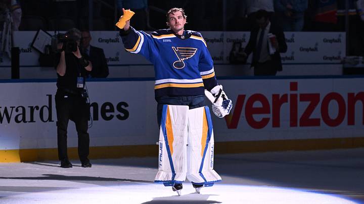 Mar 26, 2026; St. Louis, Missouri, USA; St. Louis Blues goaltender Joel Hofer (30) acknowledges fans after being named the second star of the game after beating the San Jose Sharks at Enterprise Center. Mandatory Credit: Joe Puetz-Imagn Images Mar 26, 2026; St. Louis, Missouri, USA; St. Louis Blues goaltender Joel Hofer (30) acknowledges fans after being named the second star of the game after beating the San Jose Sharks at Enterprise Center. Mandatory Credit: Joe Puetz-Imagn Images