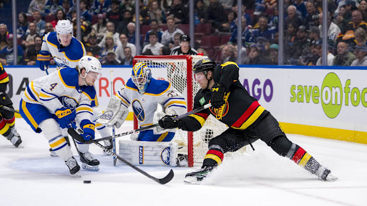 Mar 19, 2024; Vancouver, British Columbia, CAN; Buffalo Sabres goalie Devon Levi (27) watches as