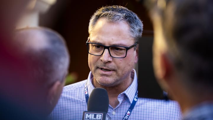 Nov 7, 2023; Scottsdale, AZ, USA; Kansas City Royals general manager J.J. Picollo speaks to the media during the MLB General Manager's Meetings at Omni Scottsdale Resort & Spa. Mandatory Credit: Mark J. Rebilas-Imagn Images