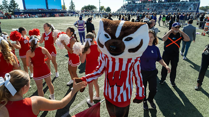 Bucky Badger is shown before the Wisconsin - Northwestern football game Saturday October 19, 2024 at Lanny and Sharon Martin Stadium in Evanston, Illinois. Wisconsin beat Northwestern 23-3.