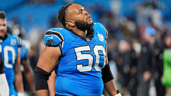 Oct 13, 2024; Charlotte, North Carolina, USA; Carolina Panthers guard Robert Hunt (50) during the second half at Bank of America Stadium. Mandatory Credit: Jim Dedmon-Imagn Images