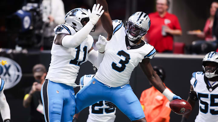Nov 16, 2025; Atlanta, Georgia, USA; Carolina Panthers outside linebacker Princely Umanmielen (3) reacts after a fumble recovery on a kick in the third quarter against the Atlanta Falcons at Mercedes-Benz Stadium. Mandatory Credit: Brett Davis-Imagn Images