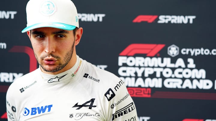 May 3, 2024; Miami Gardens, Florida, USA; Alpine driver Esteban Ocon (31) talks with the media after F1 Sprint Qualifying at Miami International Autodrome. Mandatory Credit: John David Mercer-USA TODAY Sports