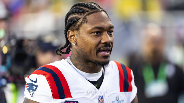 New England Patriots wide receiver Stefon Diggs (8) against the Seattle Seahawks during Super Bowl LX at Levi's Stadium. Mandatory Credit: Mark J. Rebilas-Imagn Images
