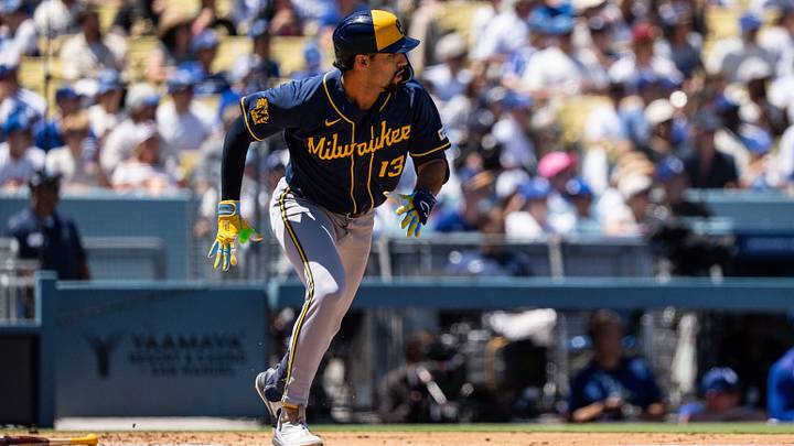 Aug 16, 2026; Los Angeles, California, USA; Milwaukee Brewers shortstop Jonathan Ornelas (13) singles in the second inning against the Los Angeles Dodgers at Dodger Stadium. Mandatory Credit: Jon Endow-Imagn Images Aug 16, 2026; Los Angeles, California, USA; Milwaukee Brewers shortstop Jonathan Ornelas (13) singles in the second inning against the Los Angeles Dodgers at Dodger Stadium. Mandatory Credit: Jon Endow-Imagn Images