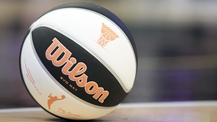 Jun 1, 2025; San Francisco, California, USA; The game ball with the WNBA commissioner's cup logo sits on the court during the second quarter of the game between the Golden State Valkyries and the Minnesota Lynx at Chase Center. Mandatory Credit: Darren Yamashita-Imagn Images