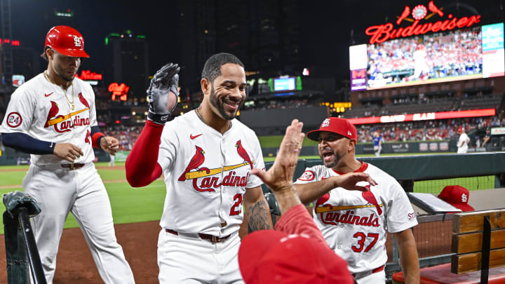 Jul 30, 2024; St. Louis, Missouri, USA; St. Louis Cardinals pinch hitter Tommy Pham (29) celebrates with manager Oliver Marmol (37) after hitting a grand slam home run against the Texas Rangers during the fifth inning at Busch Stadium. Mandatory Credit: Jeff Curry-USA TODAY Sports Jul 30, 2024; St. Louis, Missouri, USA; St. Louis Cardinals pinch hitter Tommy Pham (29) celebrates with manager Oliver Marmol (37) after hitting a grand slam home run against the Texas Rangers during the fifth inning at Busch Stadium. Mandatory Credit: Jeff Curry-USA TODAY Sports
