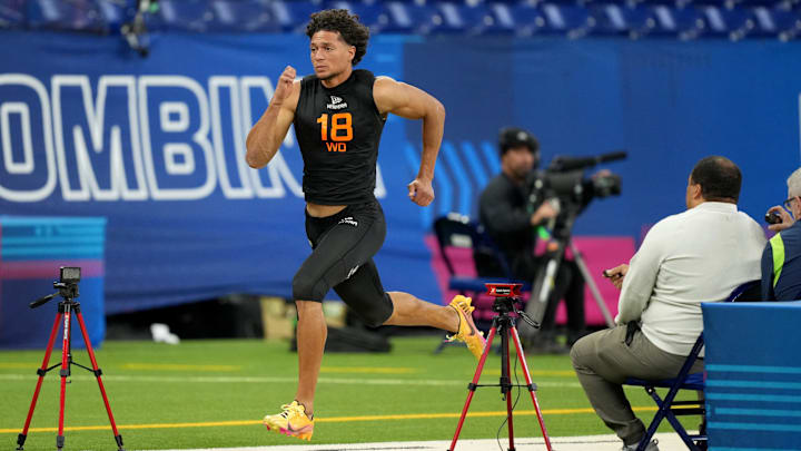 Mar 1, 2025; Indianapolis, IN, USA; Iowa State wideout Jayden Higgins (WO18) during the 2025 NFL Combine at Lucas Oil Stadium. Mandatory Credit: Kirby Lee-Imagn Images