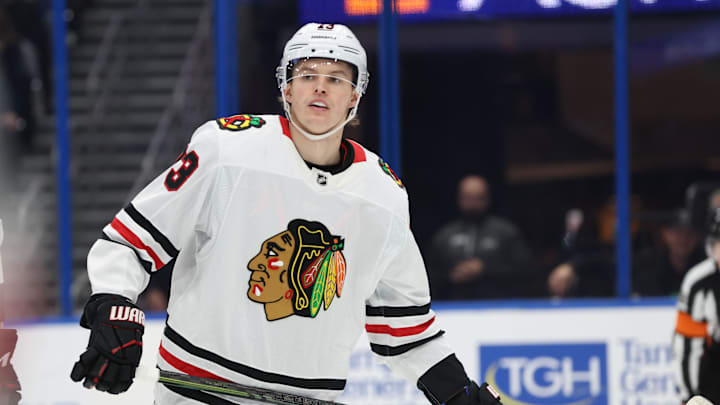 Jan 28, 2025; Tampa, Florida, USA; Chicago Blackhawks left wing Lukas Reichel (73) looks on against the Tampa Bay Lightning during the first period at Amalie Arena. Mandatory Credit: Kim Klement Neitzel-Imagn Images