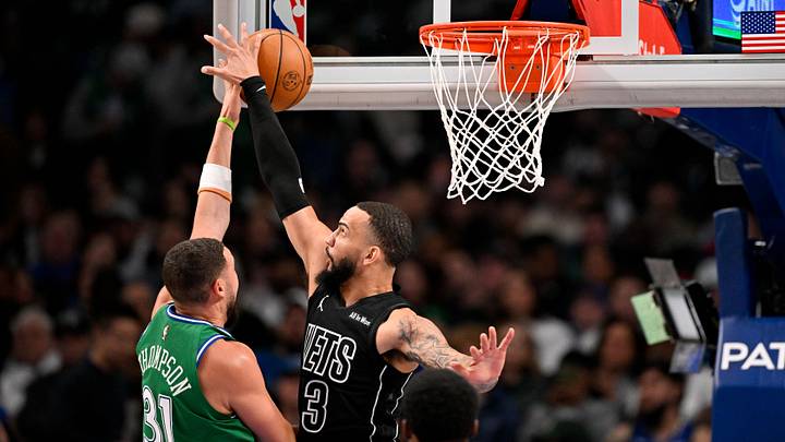Jan 12, 2026; Dallas, Texas, USA; Brooklyn Nets guard Tyrese Martin (13) blocks a shot by Dallas Mavericks guard Klay Thompson (31) during the second half at the American Airlines Center. Mandatory Credit: Jerome Miron-Imagn Images Jan 12, 2026; Dallas, Texas, USA; Brooklyn Nets guard Tyrese Martin (13) blocks a shot by Dallas Mavericks guard Klay Thompson (31) during the second half at the American Airlines Center. Mandatory Credit: Jerome Miron-Imagn Images